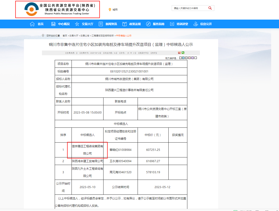 770772老牌红灯笼玄机料有限公司中标铜川市非集中连片住宅小区加装充电桩及停车场提升改造项目